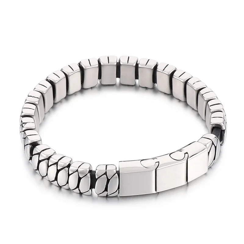 KALEN 225mm Fashion Leather&Stainless Steel Snake Scale Links Bracelet Bangle