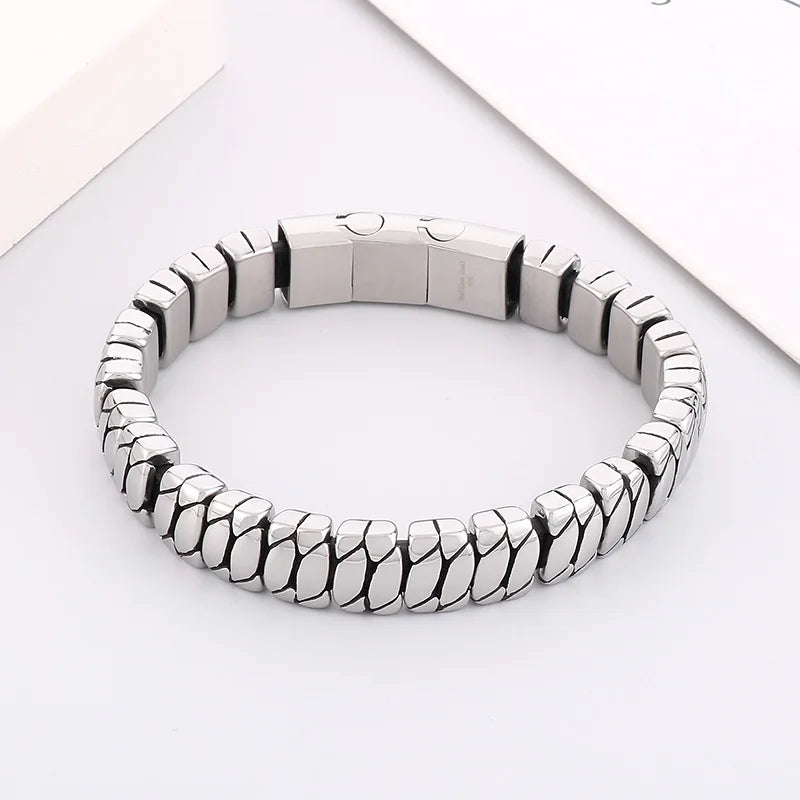 KALEN 225mm Fashion Leather&Stainless Steel Snake Scale Links Bracelet Bangle