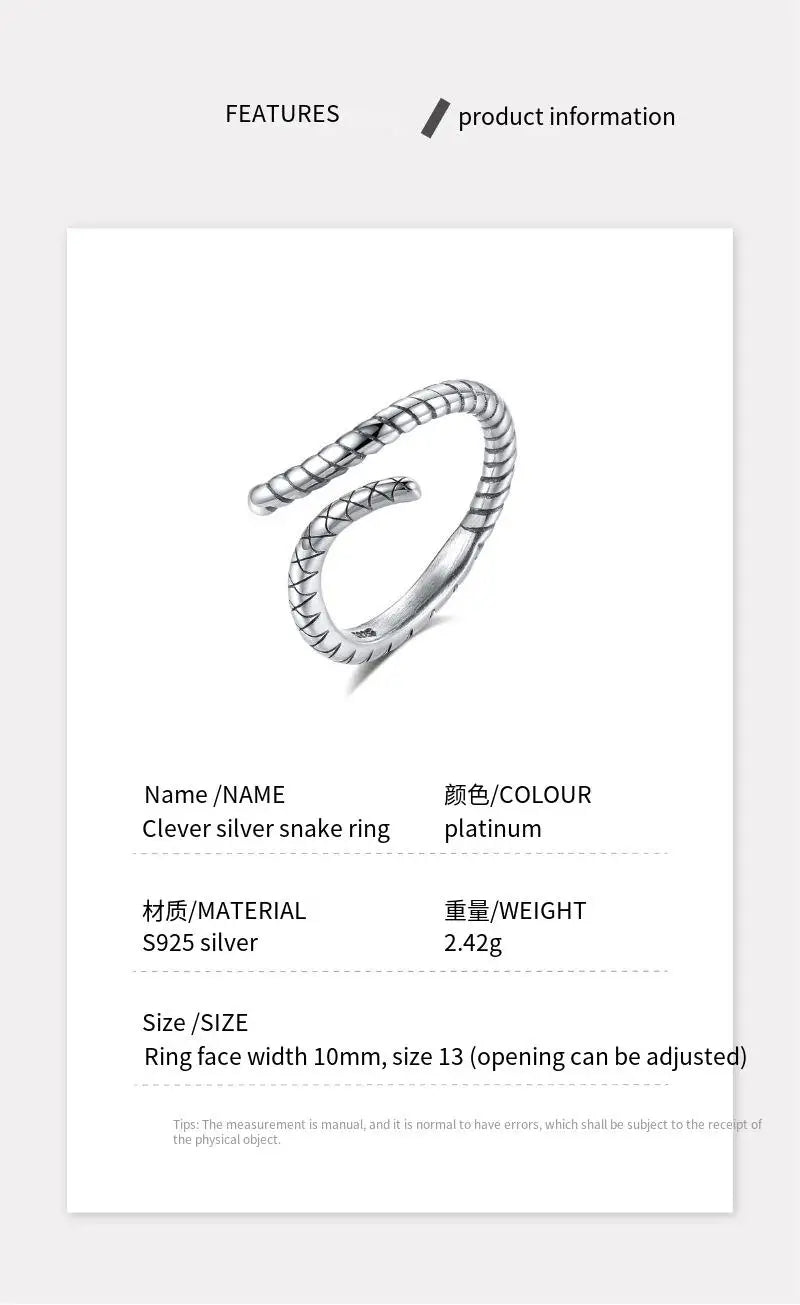 Vintage Design Women's 925 Sterling Silver Snake Shaped Ring Punk Style Personalized Adjustable Rings Jewelry Manufacturing