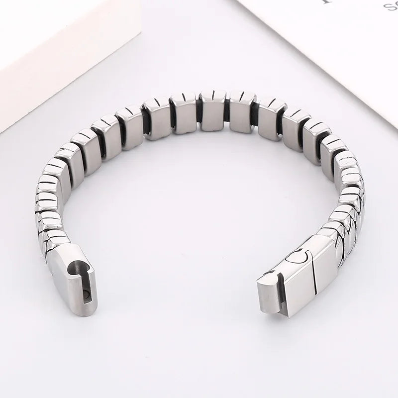 KALEN 225mm Fashion Leather&Stainless Steel Snake Scale Links Bracelet Bangle