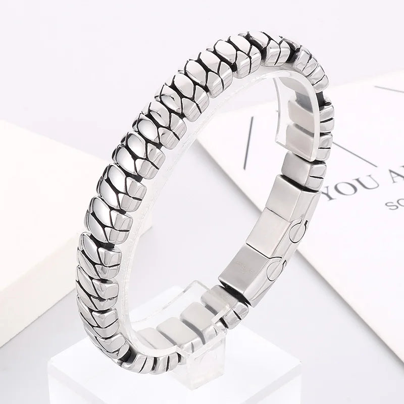 KALEN 225mm Fashion Leather&Stainless Steel Snake Scale Links Bracelet Bangle