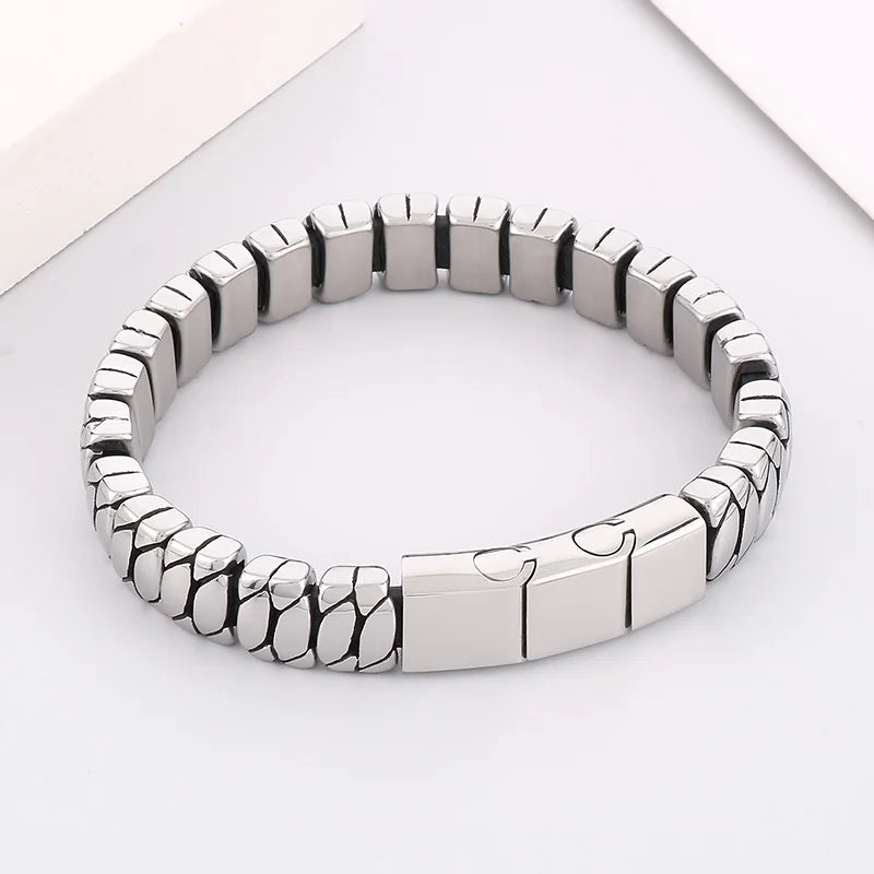 KALEN 225mm Fashion Leather&Stainless Steel Snake Scale Links Bracelet Bangle