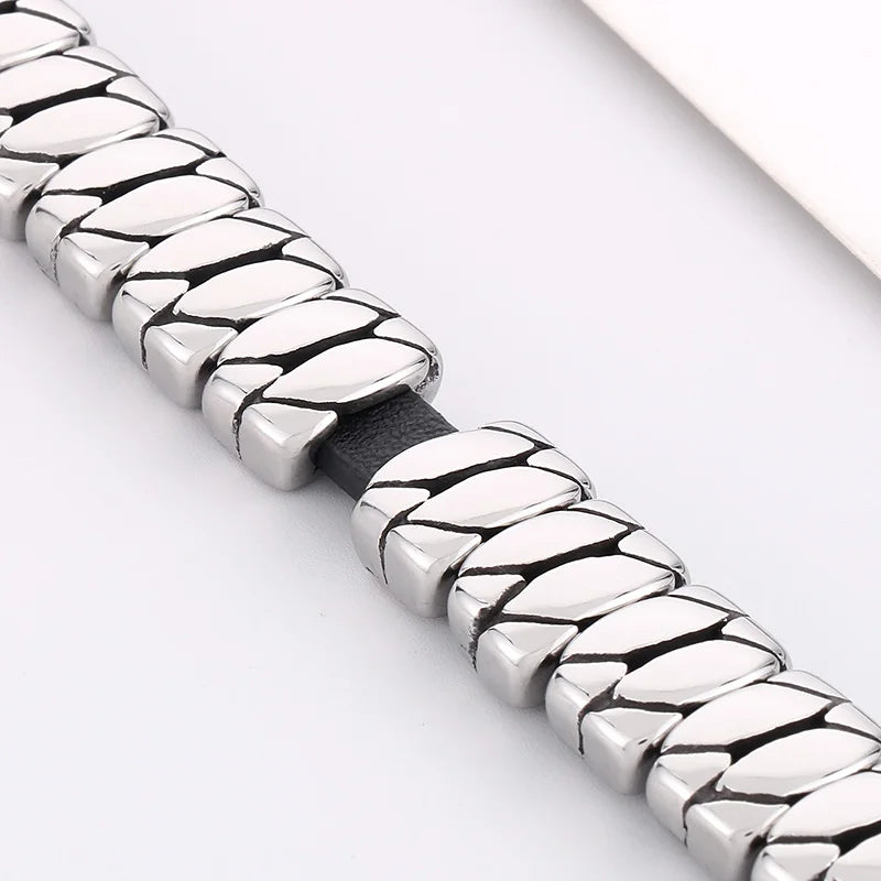 KALEN 225mm Fashion Leather&Stainless Steel Snake Scale Links Bracelet Bangle