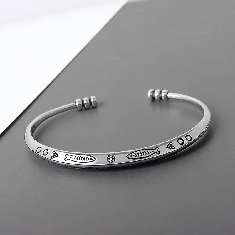 Boho Vintage Ethnic Style Engraved Fish Pattern Bracelet Silver Color Open Cuff Bracelet Men Girls Trend Casual Jewelry Gifts