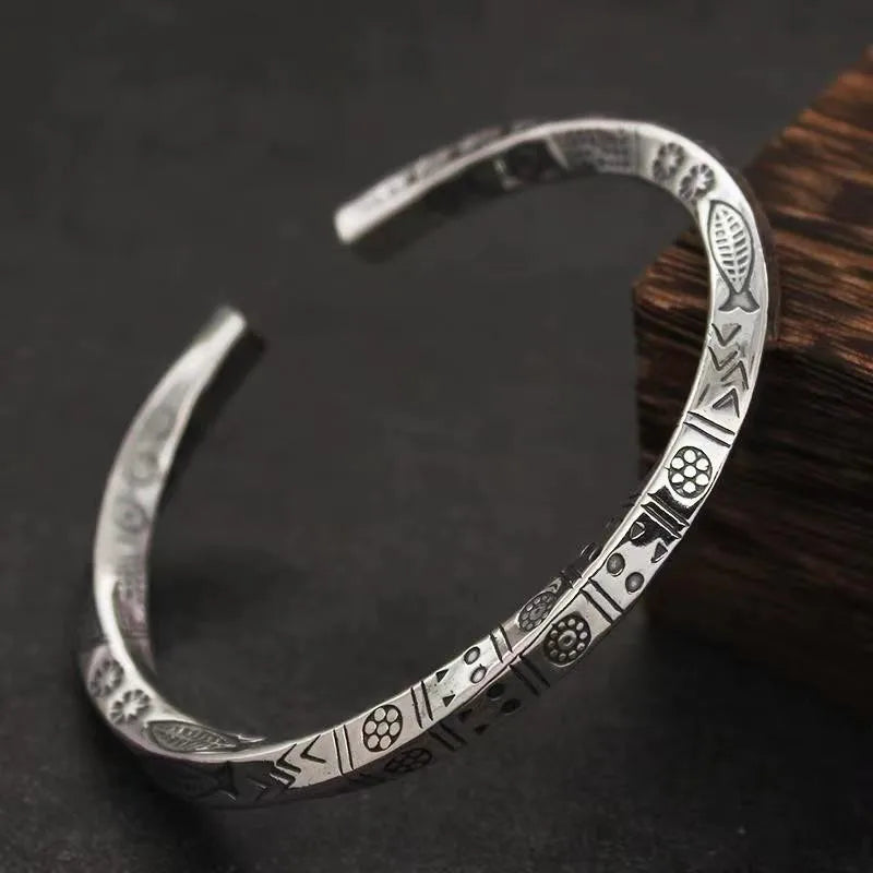 Boho Vintage Ethnic Style Engraved Fish Pattern Bracelet Silver Color Open Cuff Bracelet Men Girls Trend Casual Jewelry Gifts