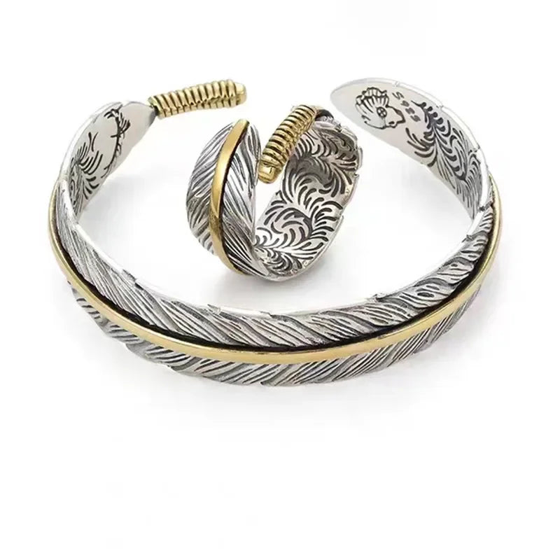 Vintage Punk Silver Color Feather Cuff Bracelet for Men Women Wrist Adjustable Bracelet Charm Birthday Gift