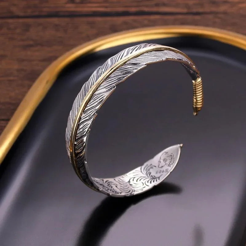 Vintage Punk Silver Color Feather Cuff Bracelet for Men Women Wrist Adjustable Bracelet Charm Birthday Gift