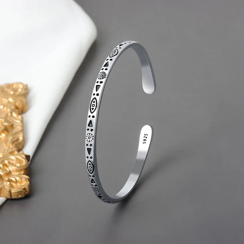Boho Vintage Ethnic Style Engraved Fish Pattern Bracelet Silver Color Open Cuff Bracelet Men Girls Trend Casual Jewelry Gifts