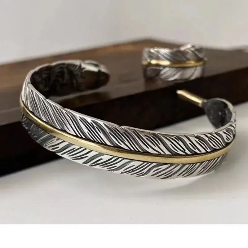 Vintage Punk Silver Color Feather Cuff Bracelet for Men Women Wrist Adjustable Bracelet Charm Birthday Gift